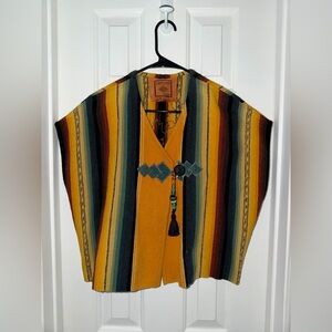 Karen Wilkinson Multi-Color Striped Woven Poncho Cape with Tassel Detail